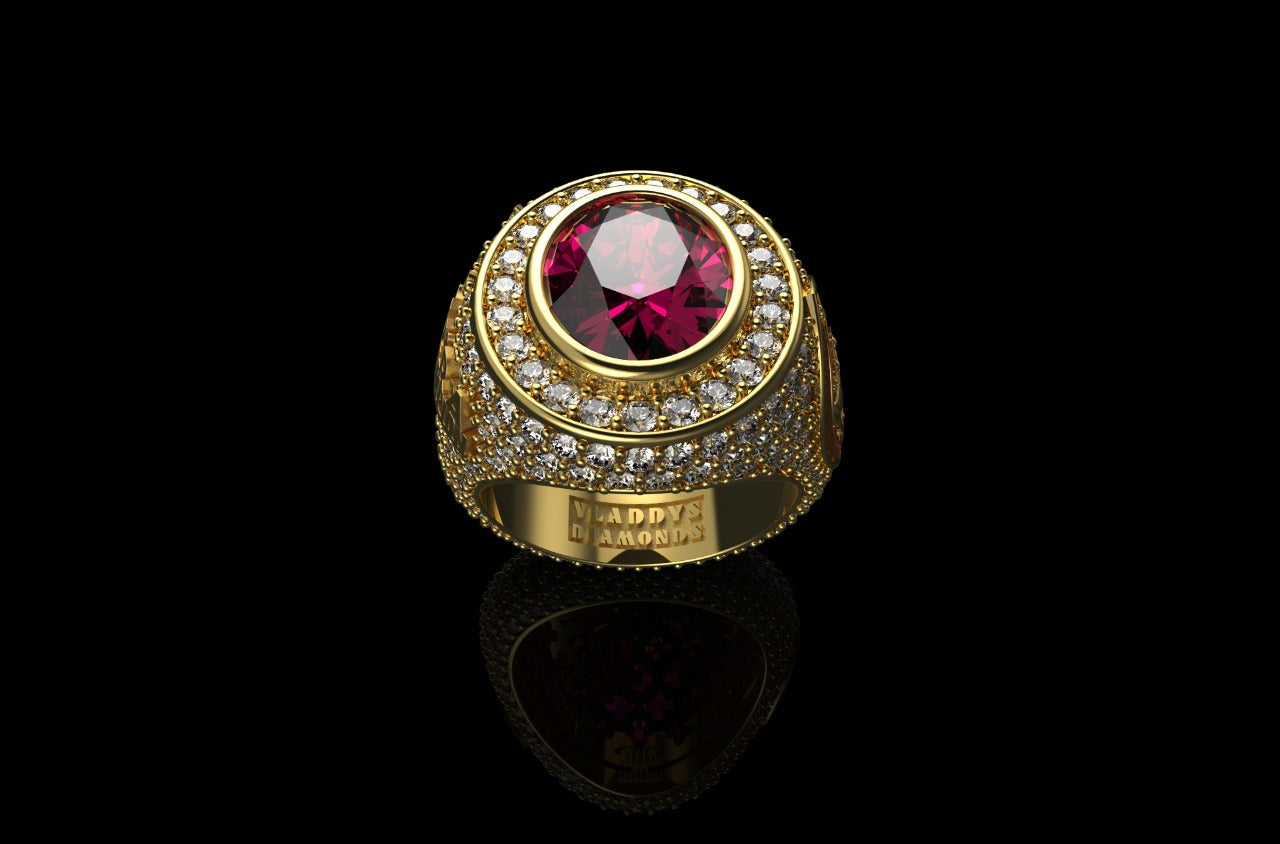 14k yellow gold mens custom made ruby bishop style diamond ring
