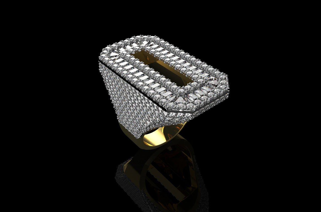 14k 2 tone yellow and white gold custom 3d initil "O" baguette and round diamond ring