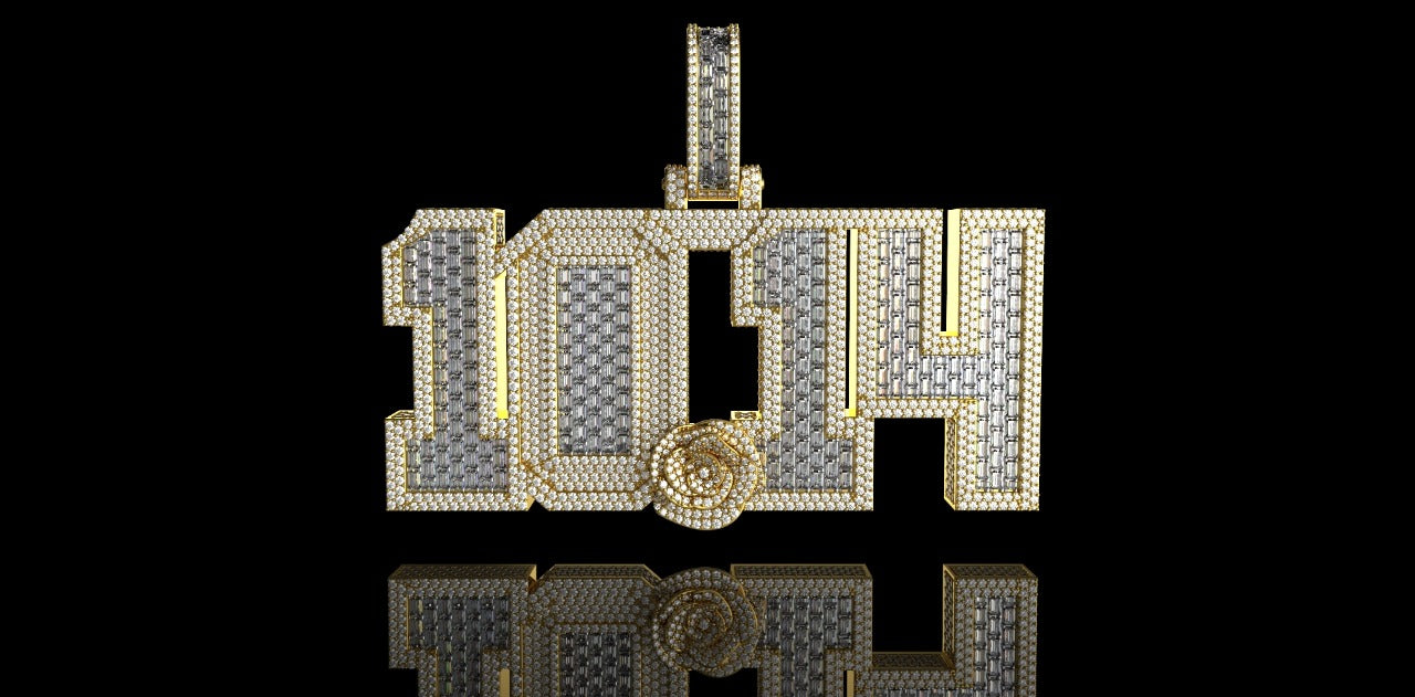 14K 2 TONE YELLOW AND WHITE GOLD DOUBLE LAYER CUSTOM "1014" STYLE BAGUETTE DIAMOND PENDANT