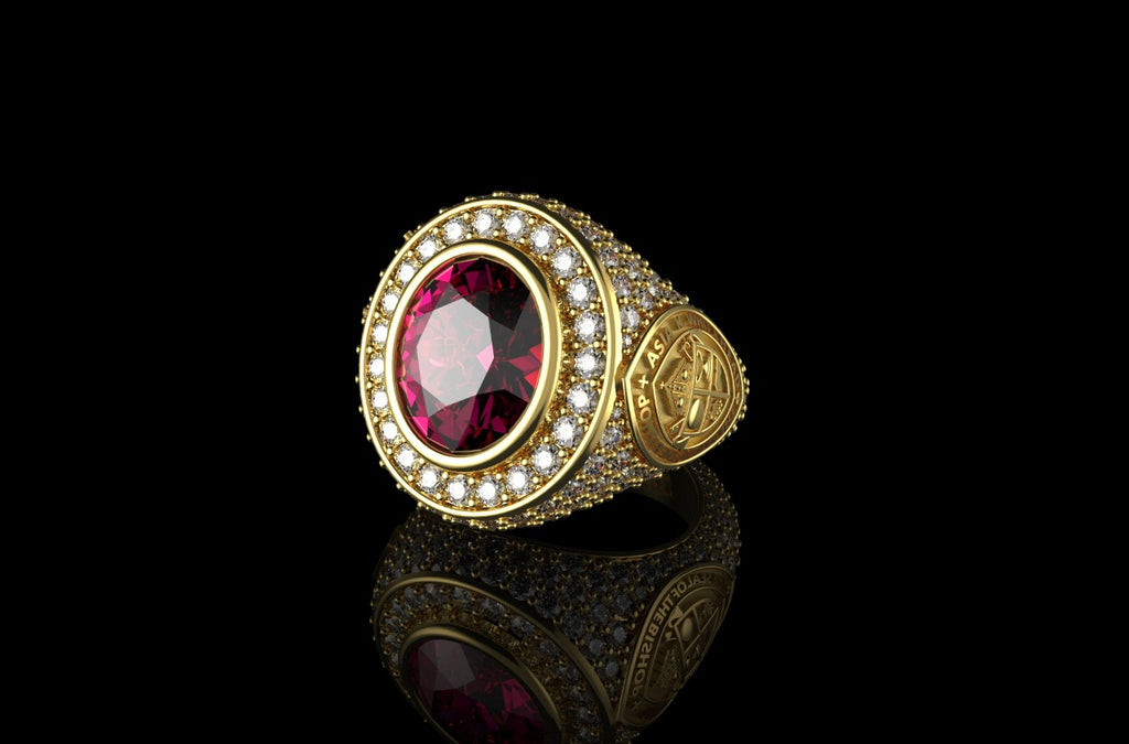 14k yellow gold mens custom made ruby bishop style diamond ring
