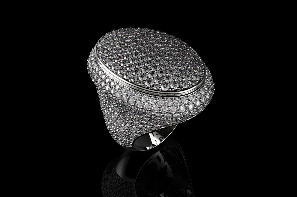 14k white gold large custom mens 3d oval shape diamond ring with bezel ring