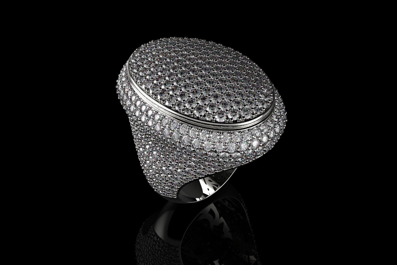 14k white gold large custom mens 3d oval shape diamond ring with bezel ring