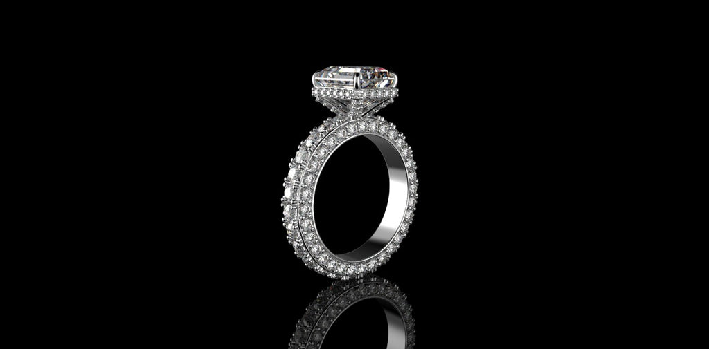 18K WHITE GOLD CUSTOM RADIANT CUT DIAMOND ENGAMEMENT RING 3D DIAMOND ETERNITY
