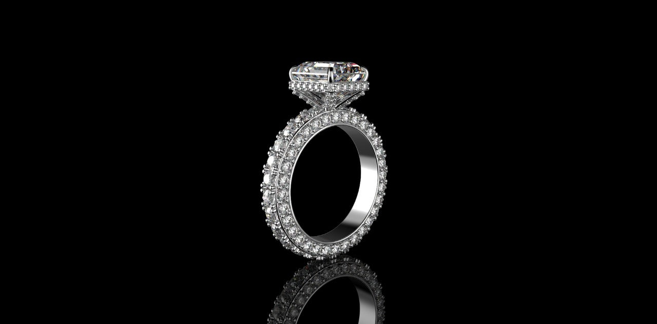 18K WHITE GOLD CUSTOM RADIANT CUT DIAMOND ENGAMEMENT RING 3D DIAMOND ETERNITY