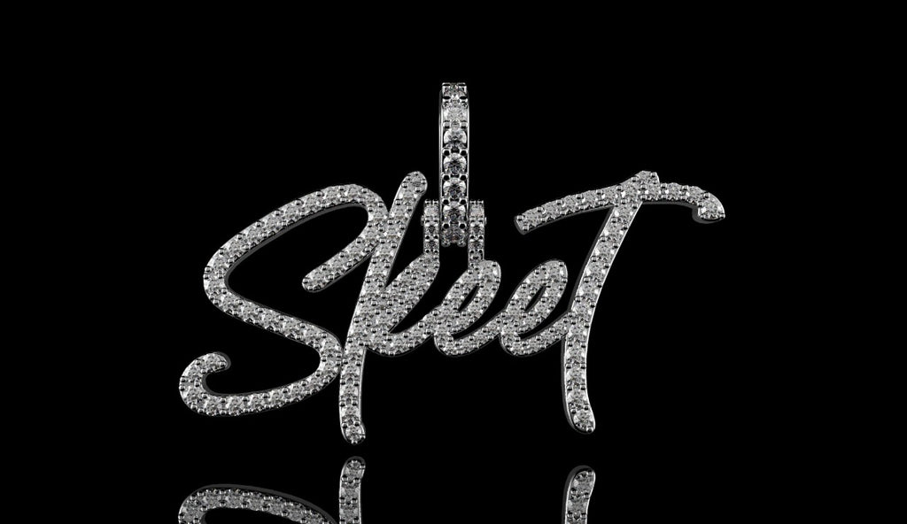 14k white gold custom "skeet" style diamond pendant