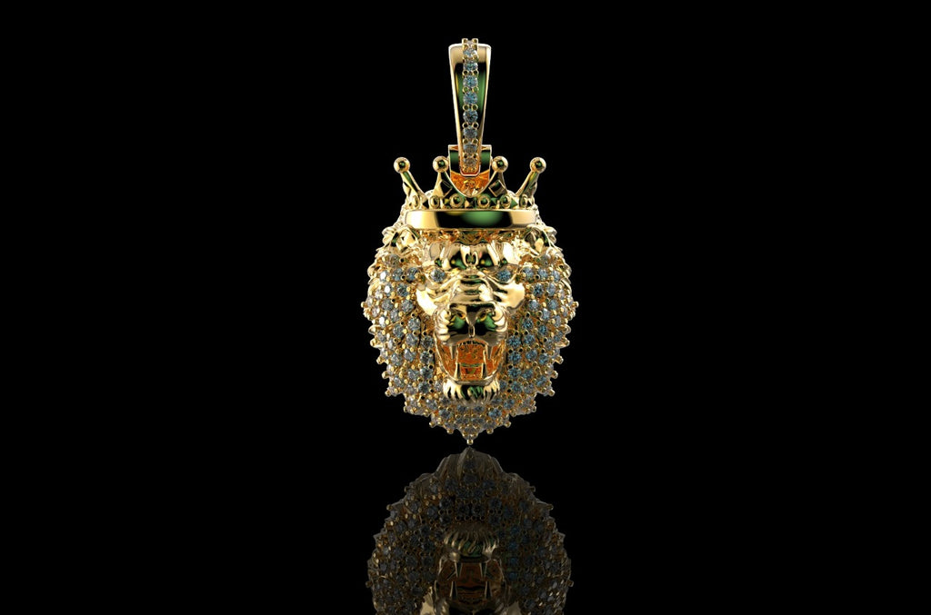 14k yellow gold 3D lion diamond pendant
