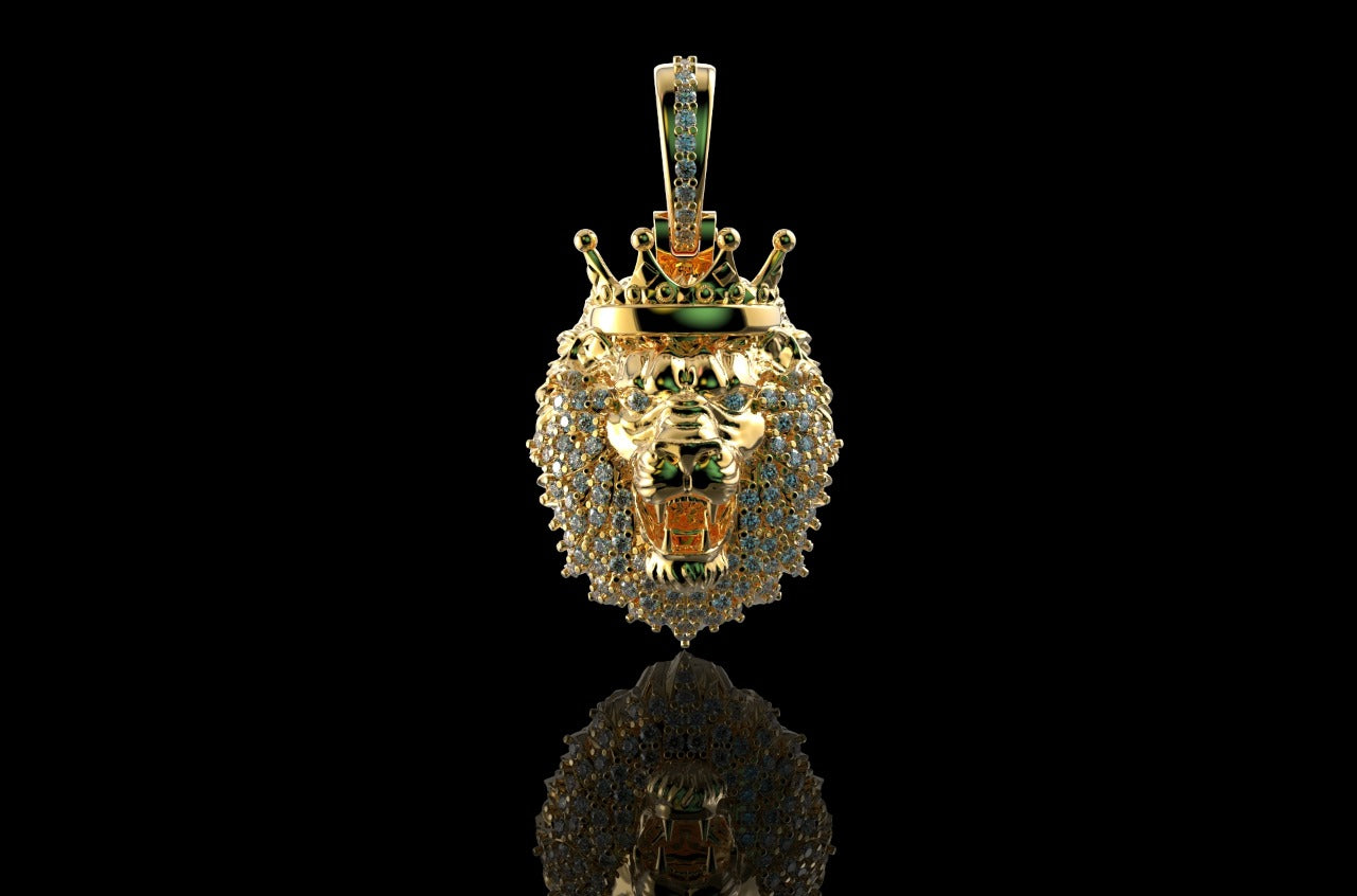 14k yellow gold 3D lion diamond pendant
