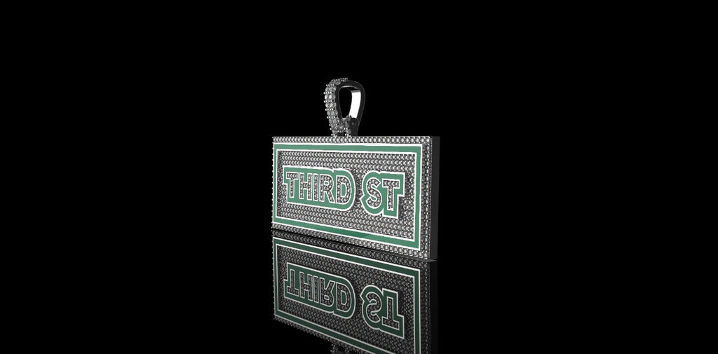 14K WHITE GOLD CUSTOM "3RD STREET" STYLE DIAMOND PENDANT WITH ENAMEL