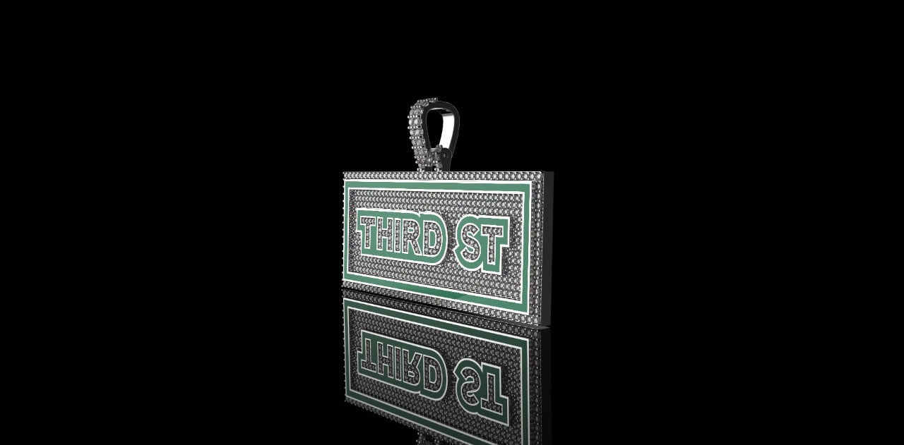14K WHITE GOLD CUSTOM "3RD STREET" STYLE DIAMOND PENDANT WITH ENAMEL