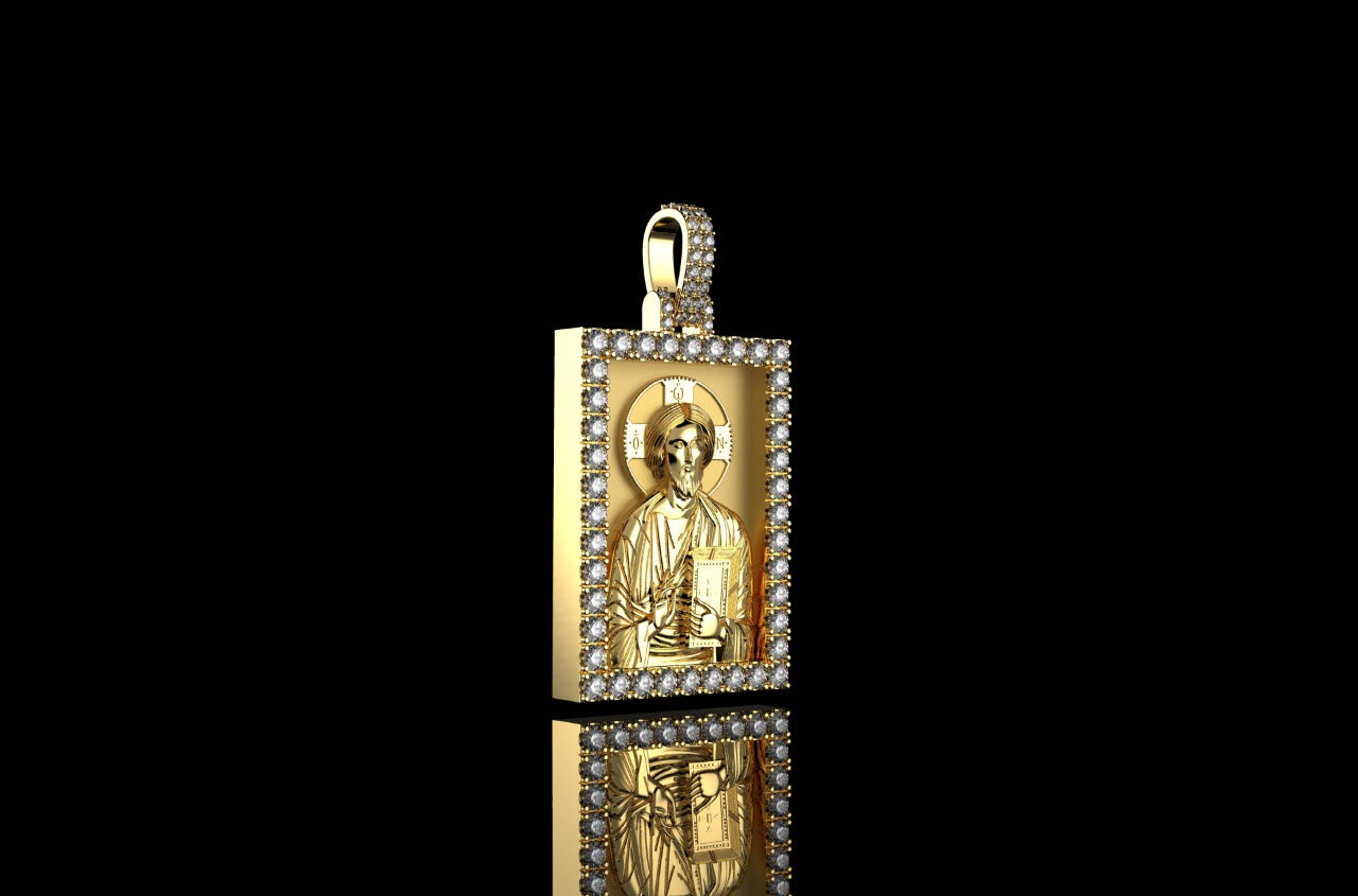 14k yellow gold custom 3d square shape diamond saint medallion pendant