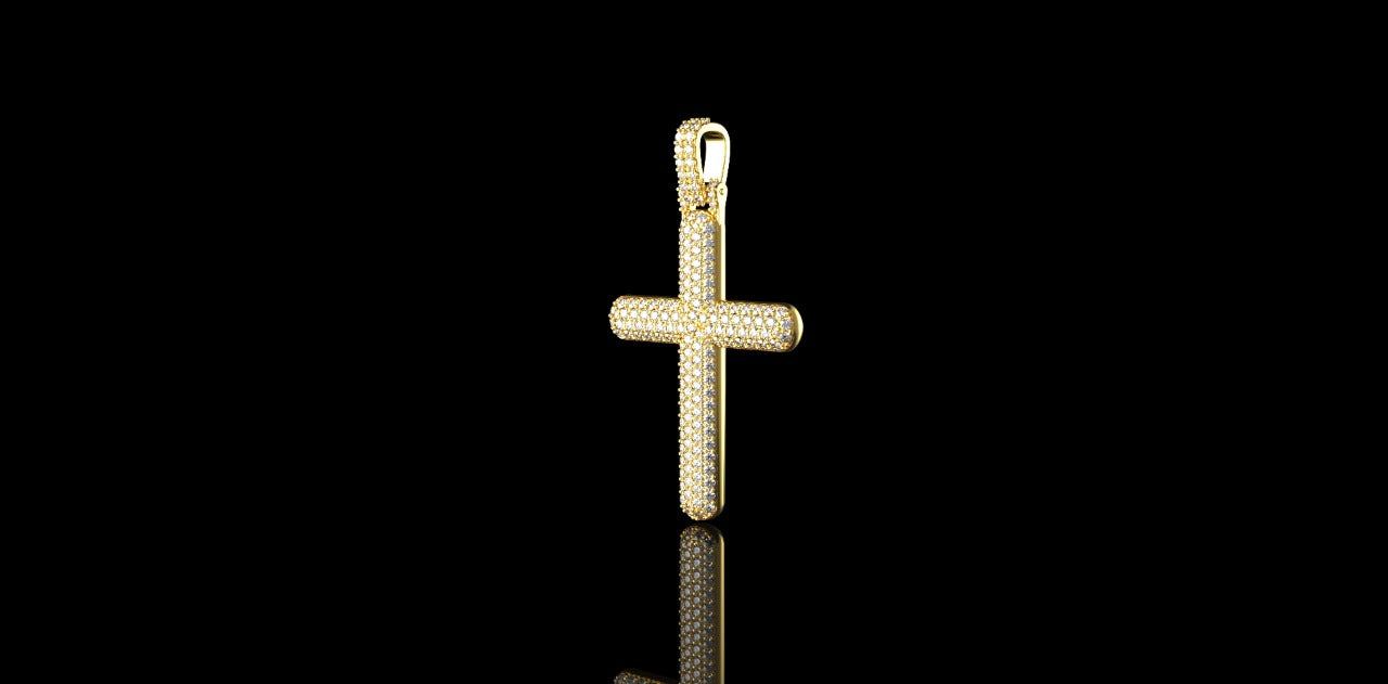 14k yellow gold flower set pave diamond cross pendant