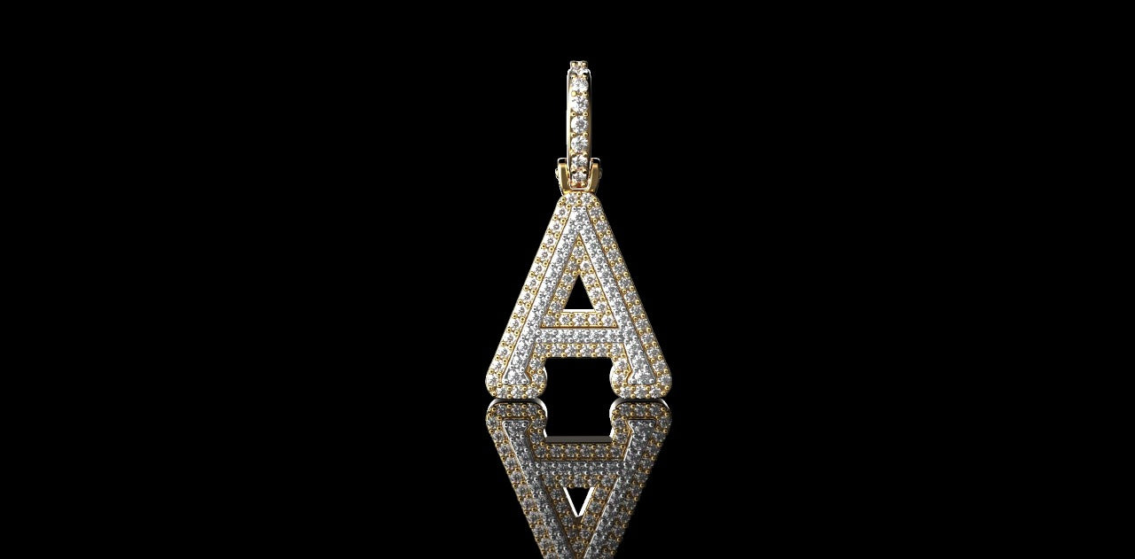 14k 2 tone yellow and white gold double layer small initial A diamond pendant