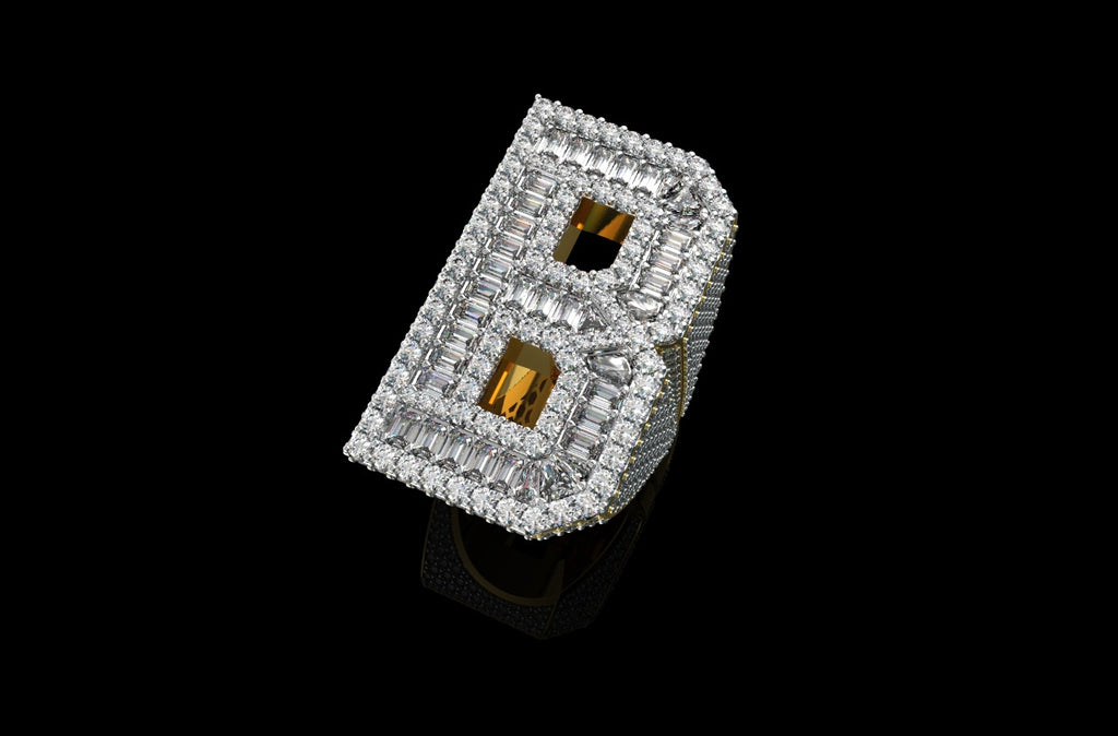14k yellow gold custom initial "b" style baguette diamond and round diamond ring