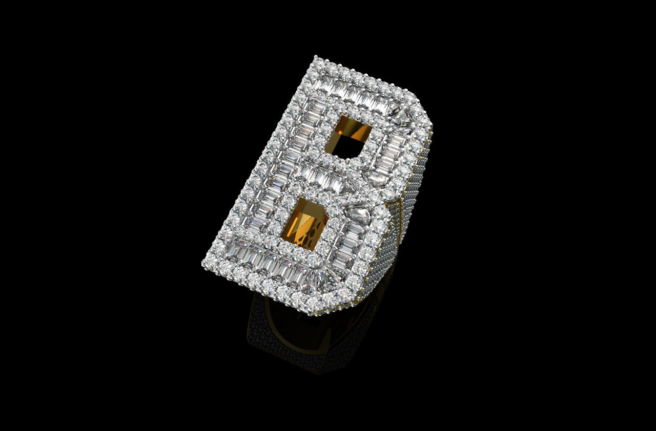 14k yellow gold custom initial "b" style baguette diamond and round diamond ring