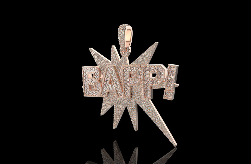 14k rose gold 3d custom "bapp!" style diamond pendant