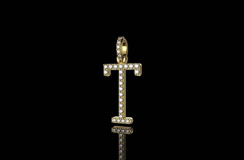 14k yellow gold custom single layer initial "T" diamond pendant