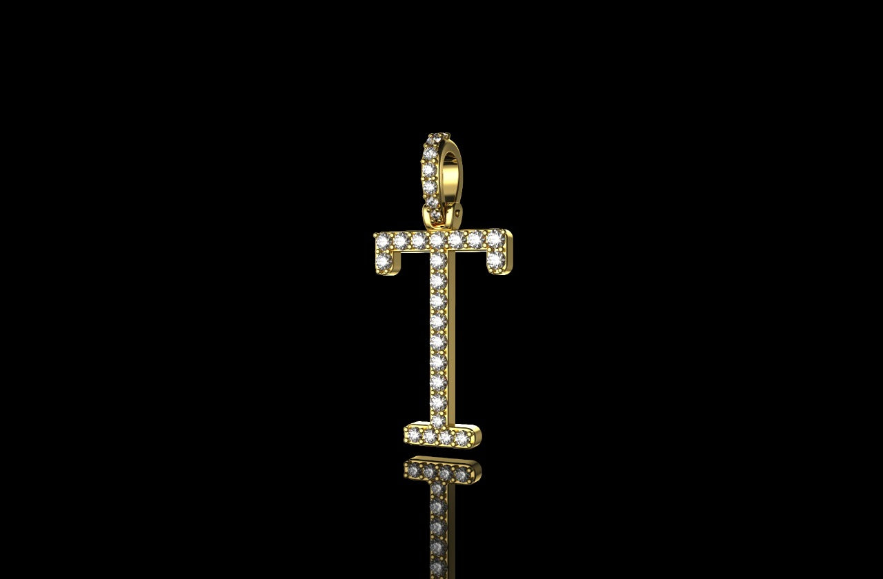 14k yellow gold custom single layer initial "T" diamond pendant