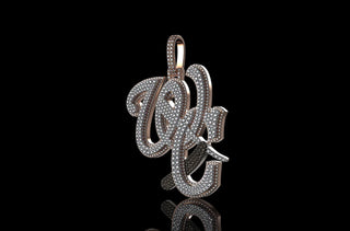 14k 2 tone rose and white gold "WC" with barber razor blade black and white diamond pendant