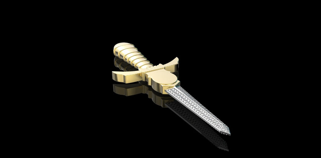 14K YELLOW GOLD CUSTOM SWORD DIAMOND PENDANT