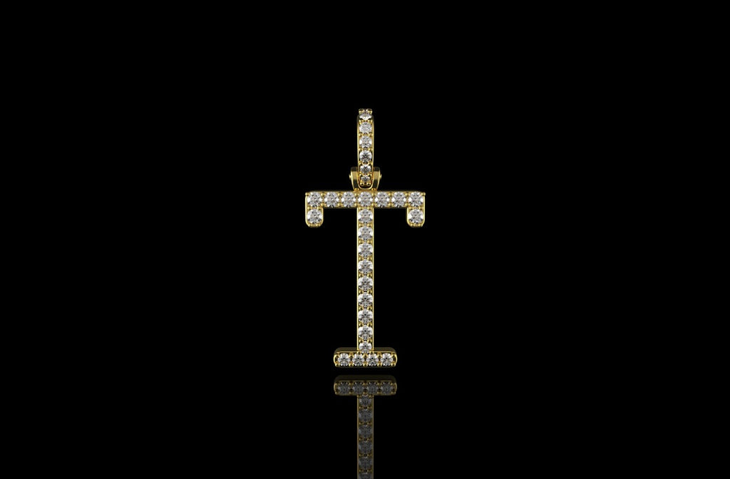 14k yellow gold custom single layer initial "T" diamond pendant