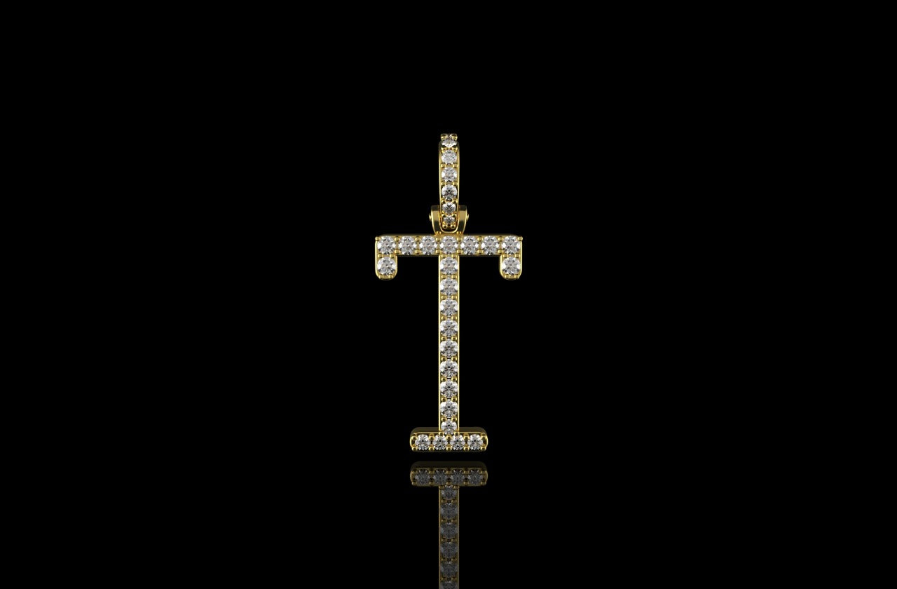 14k yellow gold custom single layer initial "T" diamond pendant