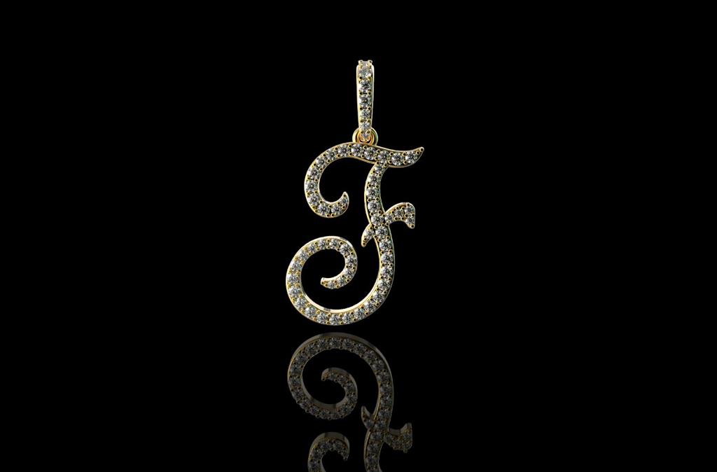 14k yellow gold Script initial F diamond pendant