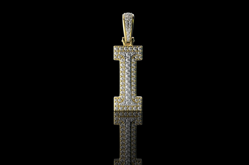 14k 2 tone yellow and white gold double layer initial I diamond pendant