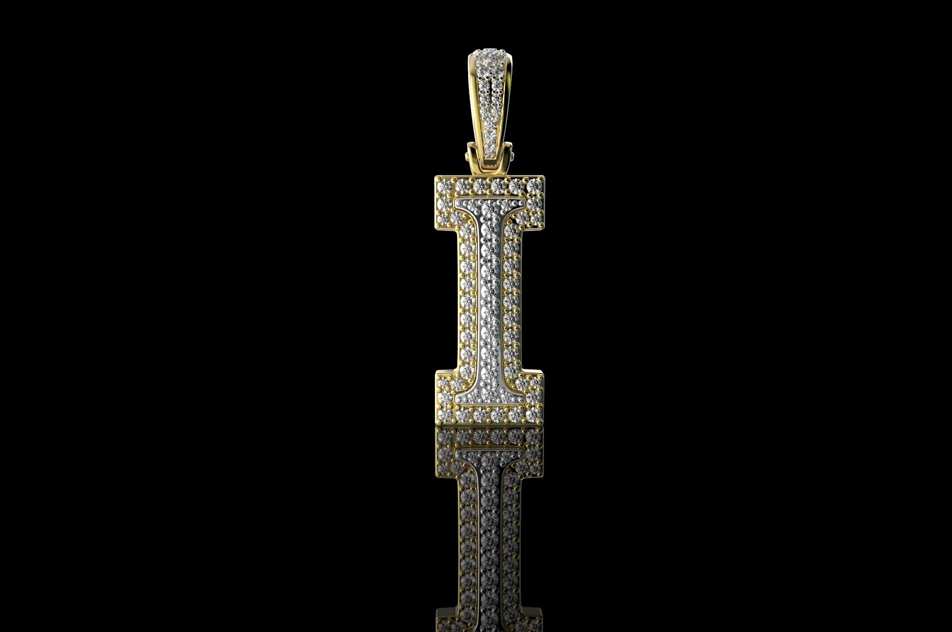 14k 2 tone yellow and white gold double layer initial I diamond pendant