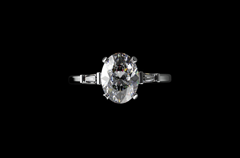 18k white gold custom made oval shape diamond engagement ring with tapered baguette side accent diamonds