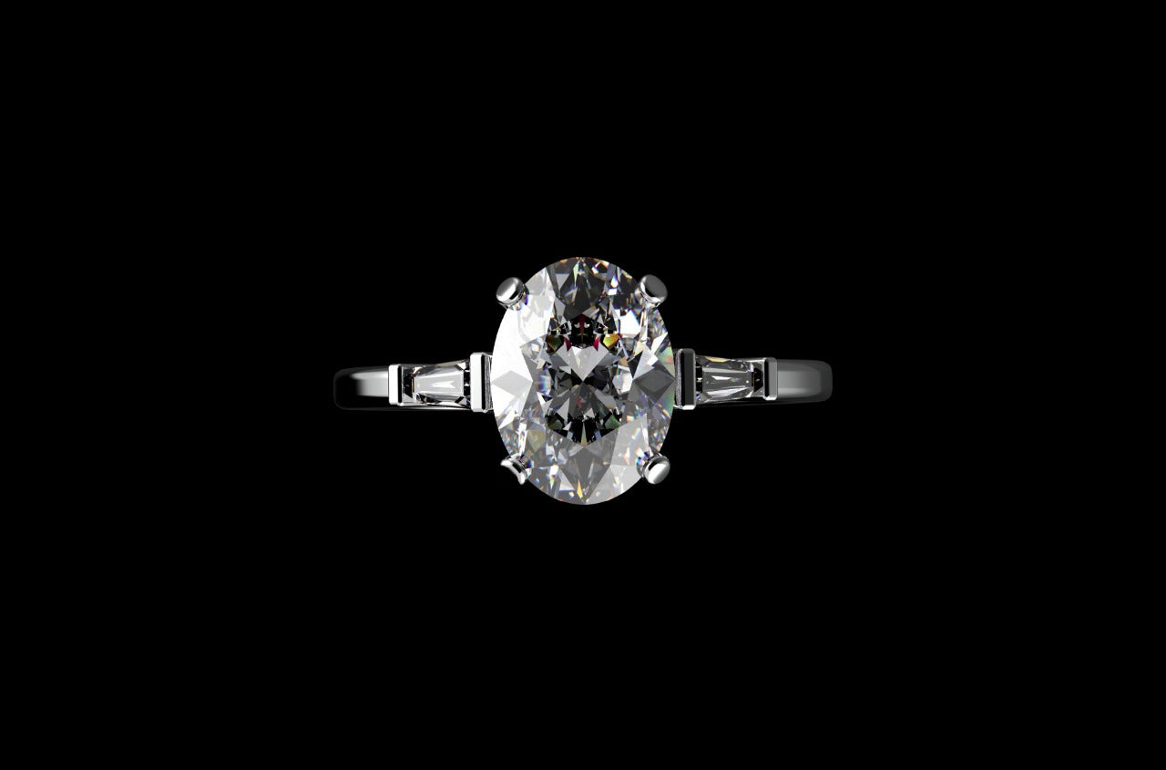 18k white gold custom made oval shape diamond engagement ring with tapered baguette side accent diamonds