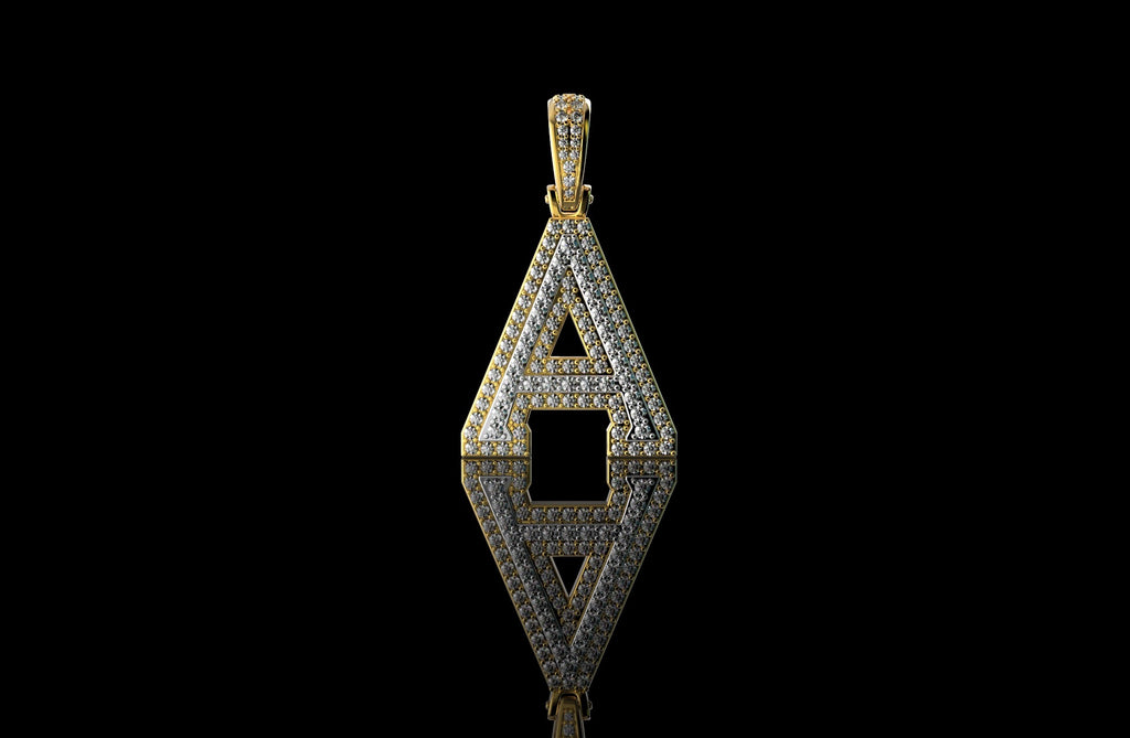 14k 2 tone yellow and white gold double layer initial A diamond pendant