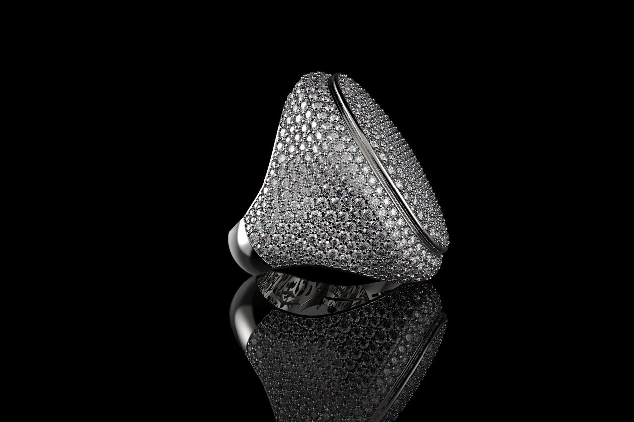 14k white gold large custom mens 3d oval shape diamond ring with bezel ring