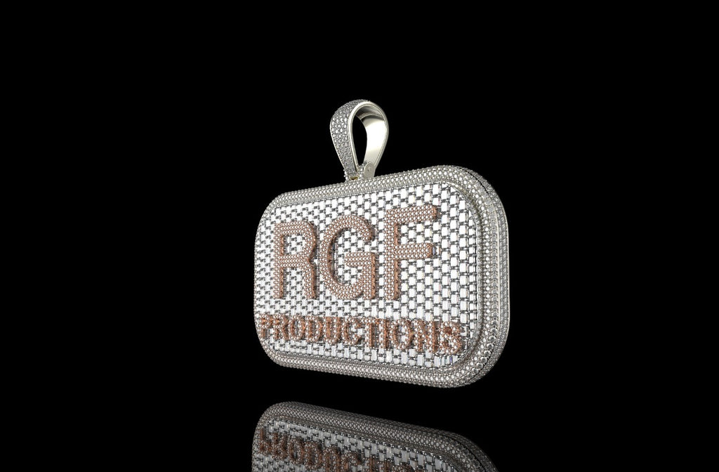 14k 2 tone rose and white gold custom double layer "rgf" style baguette diamond pendant