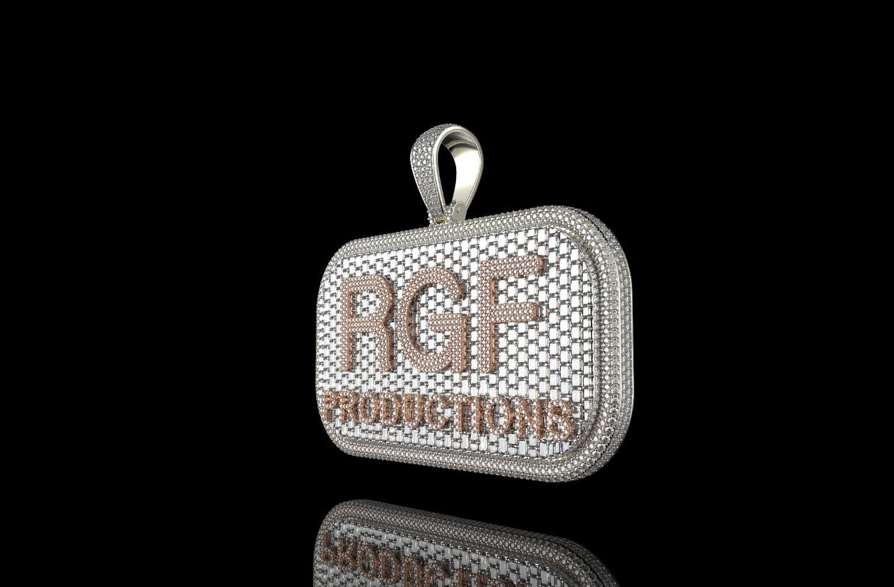 14k 2 tone rose and white gold custom double layer "rgf" style baguette diamond pendant