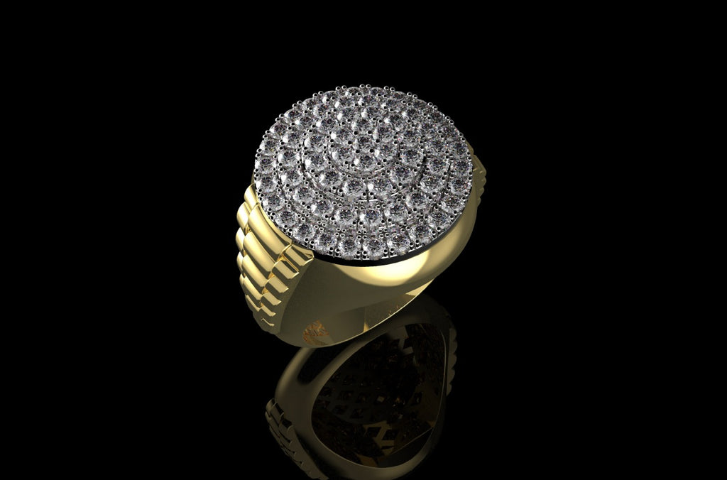 14k yellow gold round layered diamond cake ring with custom shank