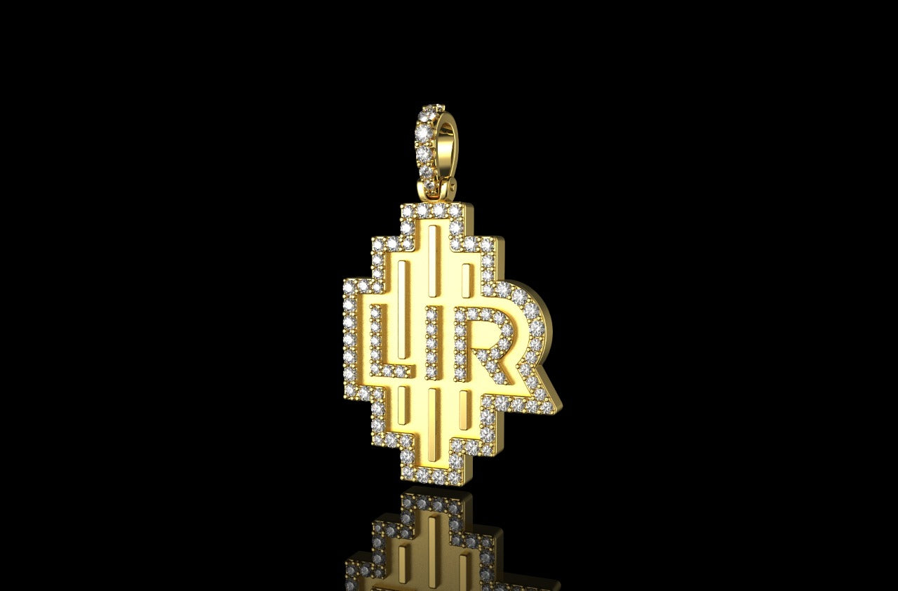 14k yellow gold double layer 3d custom "LIR" style diamond pendant
