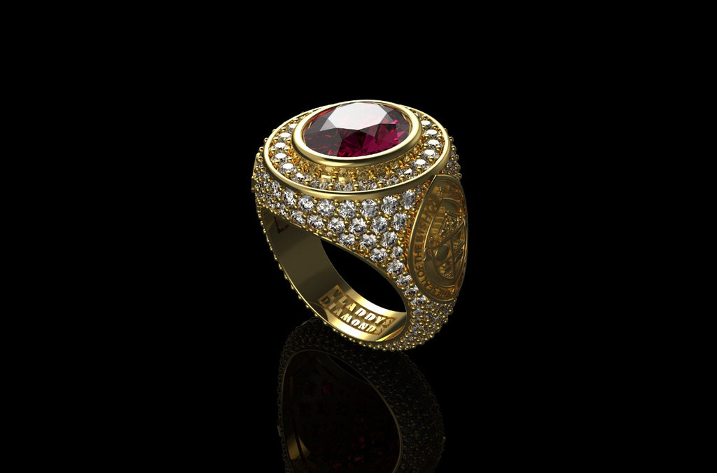 14k yellow gold mens custom made ruby bishop style diamond ring