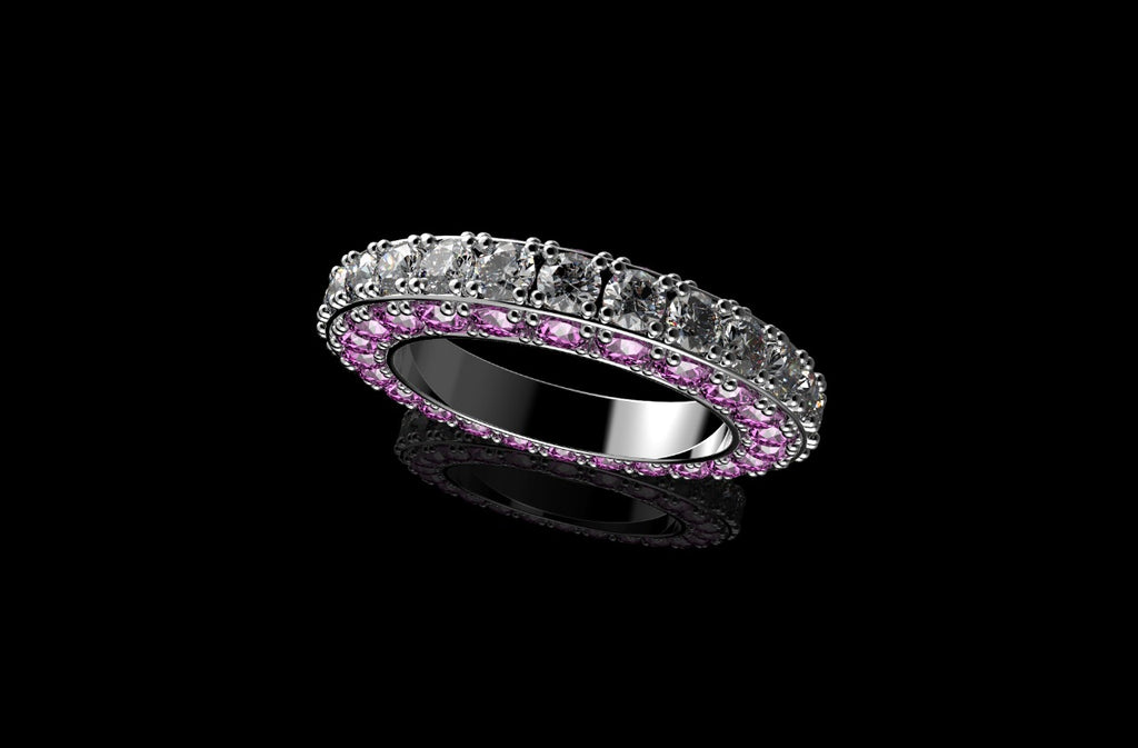 18k white gold custom 3 row 3d pink sapphire and diamond eternity band