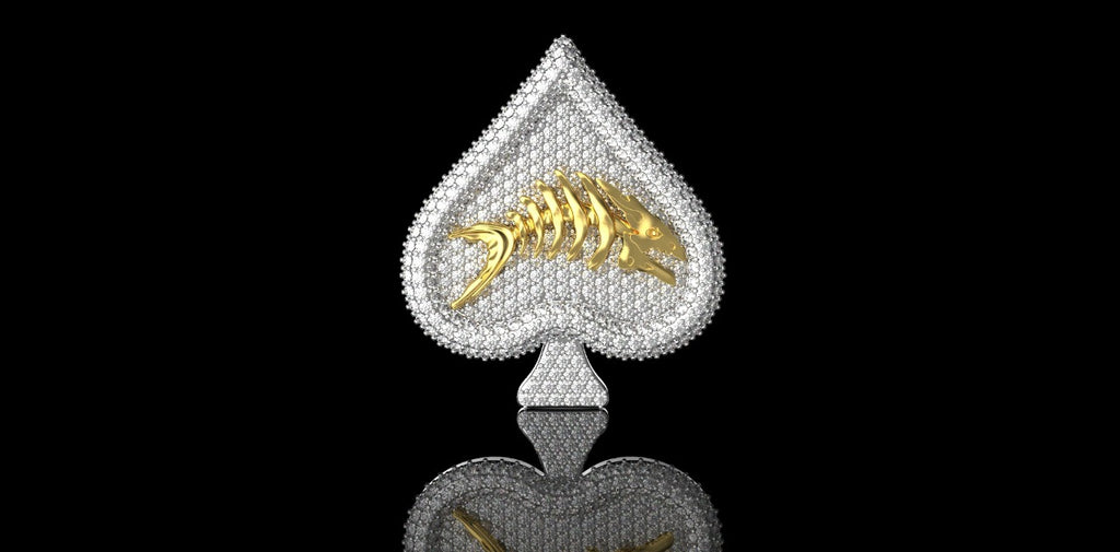 14K 2 TONE YELLOW AND WHITE GOLD CUSTOM "SPADE FISH SCALE" STYLE DIAMOND PENDANT