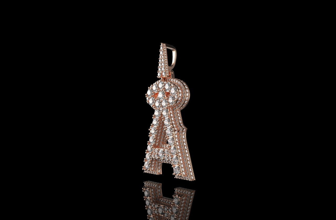 14k rose gold double layer custom initial "a" diamond pendant with profile diamonds