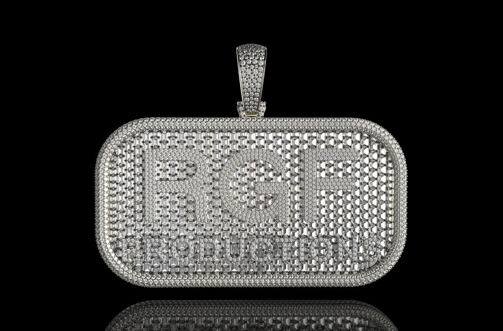 14k white gold custom double layer "rgf" style baguette diamond pendant