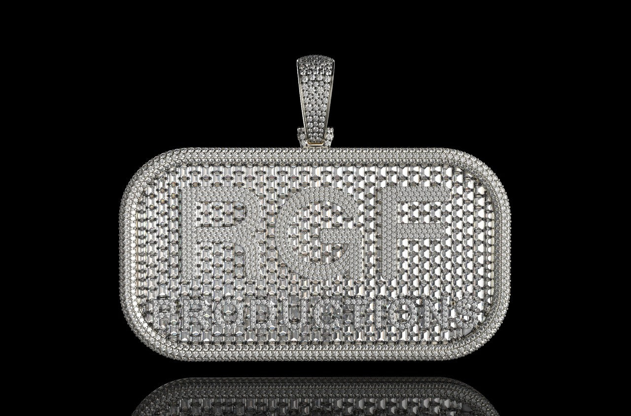 14k white gold custom double layer "rgf" style baguette diamond pendant