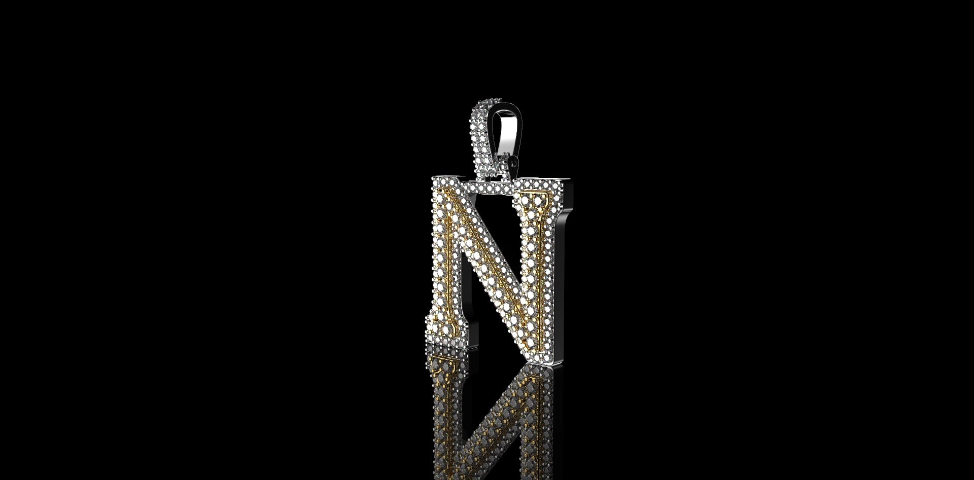 14k 2 tone yellow and white gold double layer initial N diamond pendant