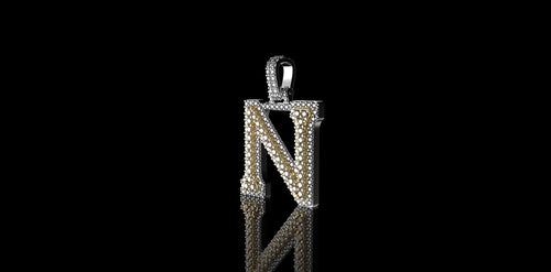 14k 2 tone yellow and white gold double layer initial N diamond pendant