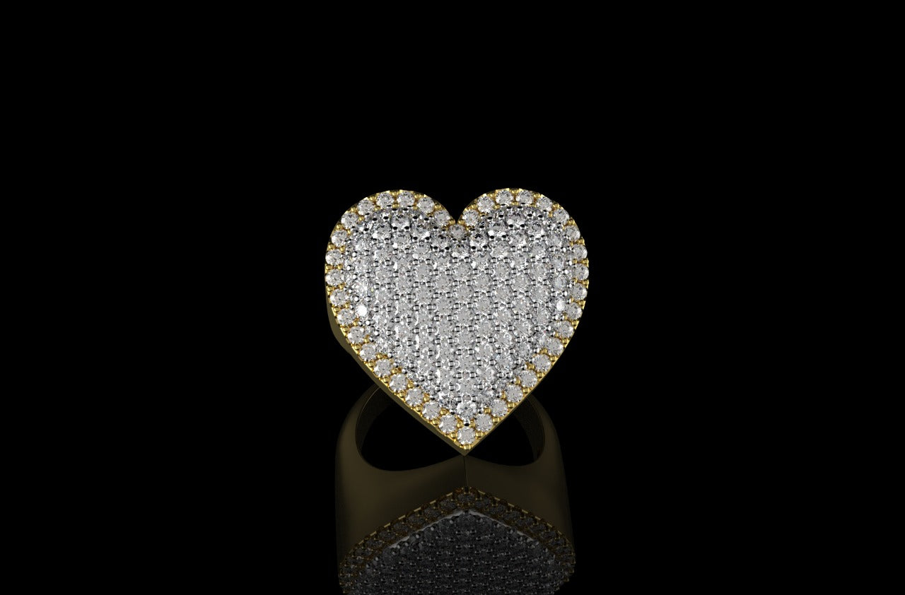 14k 2 tone yellow and white gold 3d bubble heart shape pave diamond ring