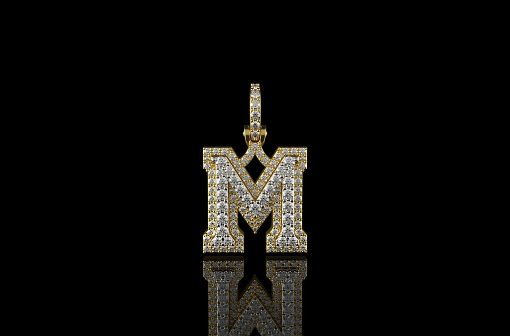 14K 2 TONE YELLOW AND WHITE GOLD DOUBLE LAYER SMALL INITIAL M DIAMOND PENDANT