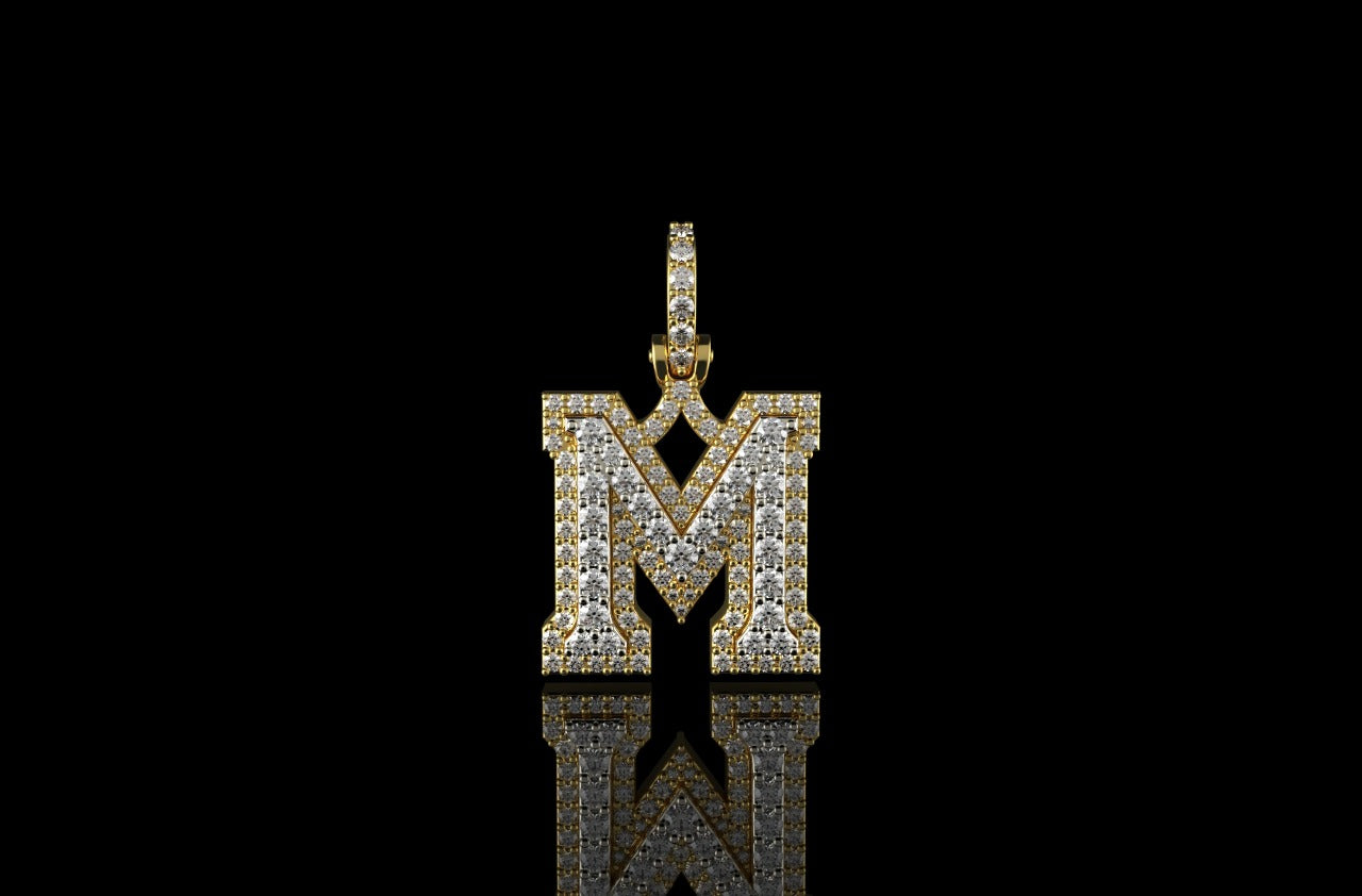 14K 2 TONE YELLOW AND WHITE GOLD DOUBLE LAYER SMALL INITIAL M DIAMOND PENDANT