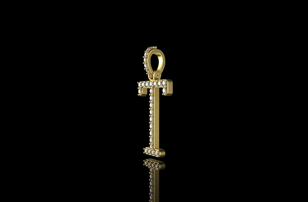 14k yellow gold custom single layer initial "T" diamond pendant