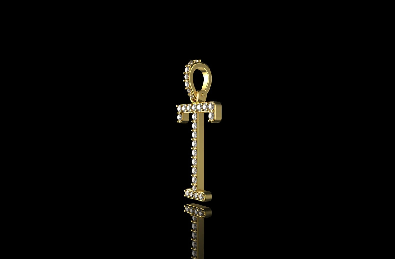 14k yellow gold custom single layer initial "T" diamond pendant