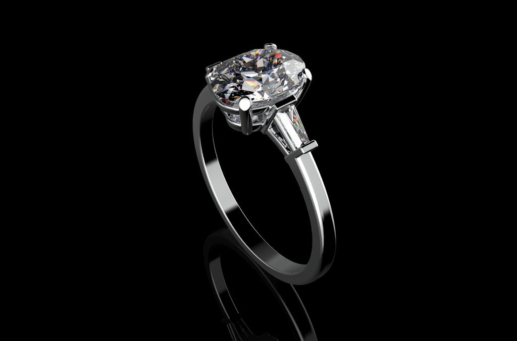 18k white gold custom made oval shape diamond engagement ring with tapered baguette side accent diamonds
